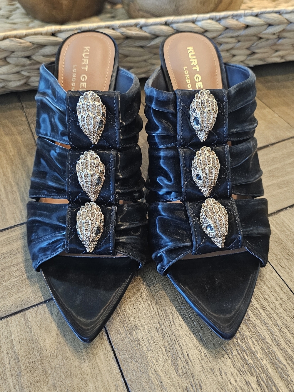 Kurt Geiger Black Pointed Slip-On Mules Gold Crystal Accents Womens Sz 5 & 10-11